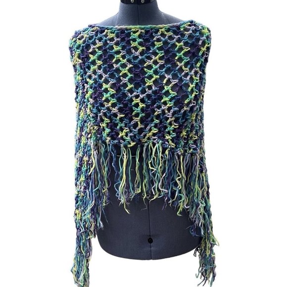 Hand-Made‎ Bohemian Crocheted Poncho/Shawl w/Fringe Multicolor 70's Style Hippie - Picture 1 of 13